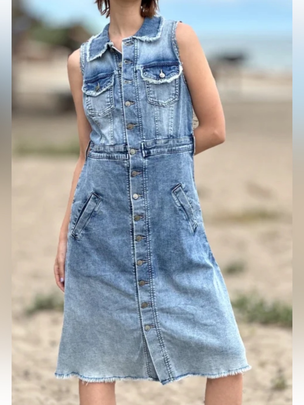 Wash Lab Sleeveless Button-Front Denim Dress - Large